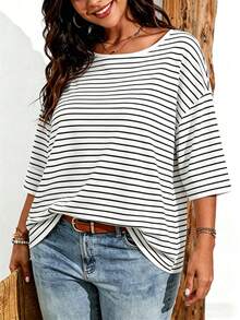 Breezaya Kaos Wanita Ukuran Besar Kasual Retro Motif Garis-garis Model Bahu Longgar, Cocok untuk Dipakai di Musim Panas - MultiWarna - View 3