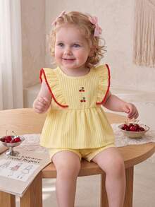 Souflis Souflis French Summer New Baby Girl Yellow Striped Cute Frill Trim Embroidered Cherry Design, Fashionable Contrast Color Trim Paired With Versatile Striped Shorts, Soft And Adorable, Suitable For School, Play, Shopping And Other Occasions - Yellow - View 6