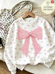 Sweatshirt lengan panjang berkerah bulat, kasual, dan lucu dengan motif mutiara merah muda besar dan pita kecil di seluruh permukaan, cocok untuk pemakaian sehari-hari di musim gugur/musim dingin. - MultiWarna - View 3