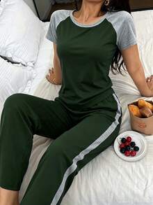 Dream Adore Conjunto de pijama casual de mujer con manga raglán y pantalones largos - Verde - Ver 3
