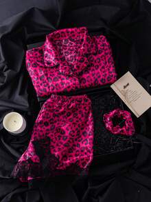 Bare Chapter 3pcs Printed Pattern Wireless Lace Patchwork Shirt Style Women's Nightgown Set With Hair Scrunchie - Multicolor - View 5