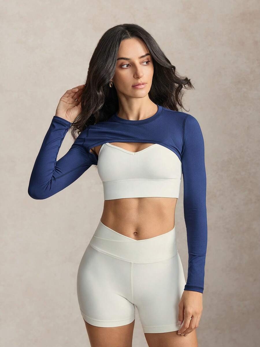 Activina Solid Color Crew Neck Tight Cropped Long Sleeve Athletic T-Shirt - Blue - View 1