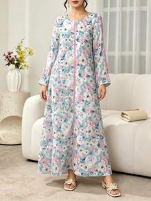 SHEIN Najma 復古花卉與粉色條紋印花女款時尚圓領長袖花卉洋裝，藍色優雅花卉圖案長洋裝，舒適女裝，適合春夏穿著 - 彩色 - 查看 4