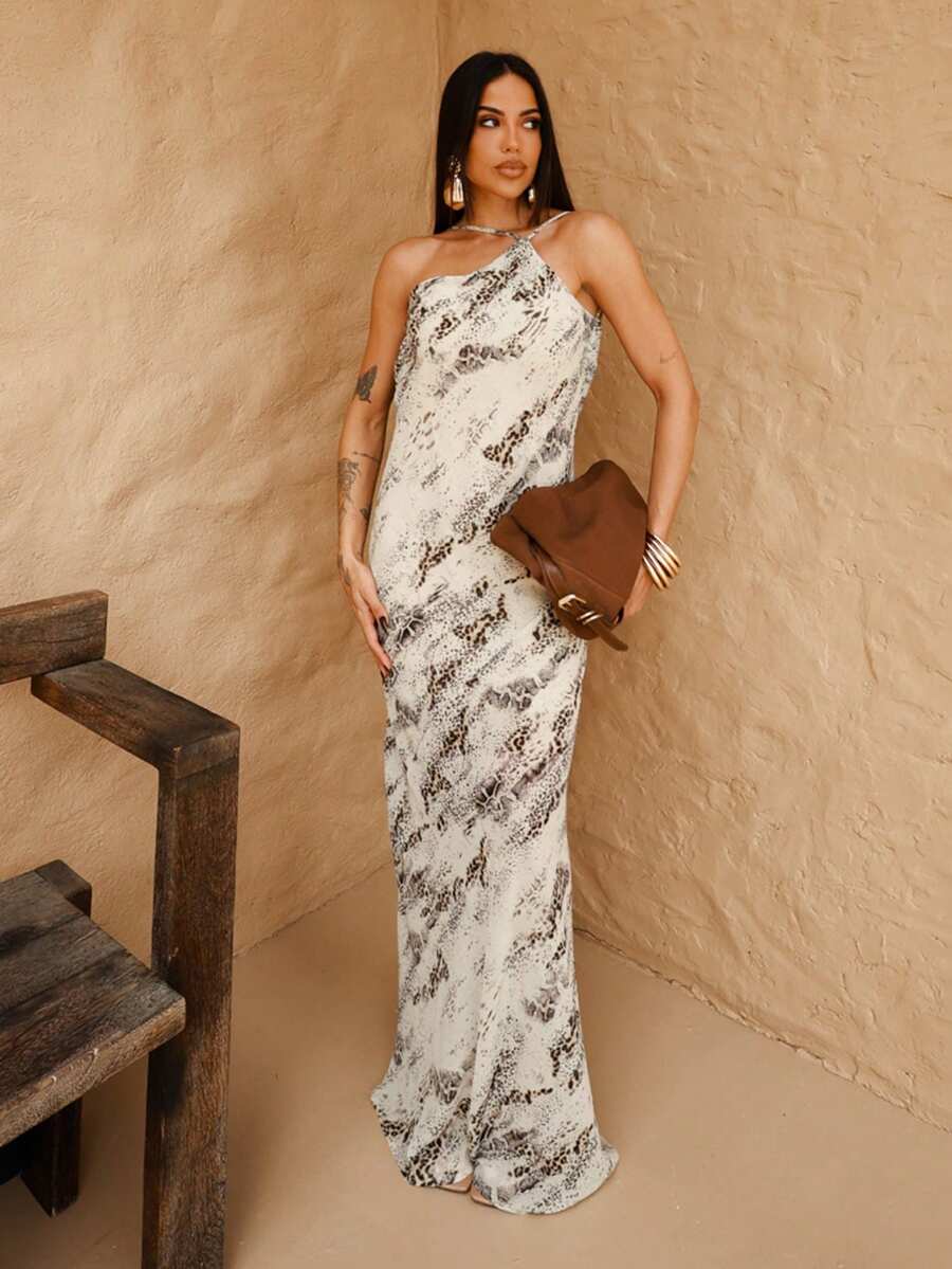 Maju Mazalli Vestido sin mangas con estampado integral y tirantes finos para mujer, vestido sin espalda con tirantes finos elegante para fiestas de verano