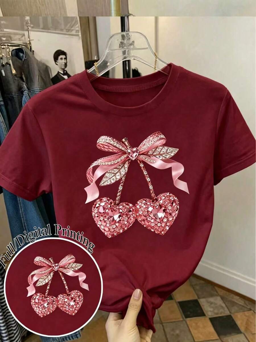 Elladie kids 女童酒紅色圓領短袖T恤,仿水鑽愛心與櫻桃圖案印花,休閒百搭,適合外出與街頭穿搭,春秋夏季 - 彩色 - 查看 1