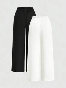 Sweetra Conjunto de 2 piezas de pantalones largos para mujer talla grande, negro + amarillo, tela texturizada con efecto burbuja y arrugas, sin elasticidad, versátil para el día a día, elegante minimalista casual, cintura ceñida, pantalones deportivos casuales de pierna ancha recta que estilizan, para uso diario - Blanco y Negro - Ver 2