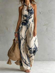 SHEIN Women Boho Vacation Halter Sleeveless Cut Out Long Wide Leg Jumpsuit - Multicolor - View 1
