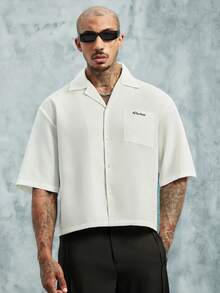 INCRYTM Men's Letter Print Single-Breasted Casual Short Sleeve Shirt Mens Cropped Shirt Boxy Shirt Men Work Shirt Customise Shirt - White - View 1