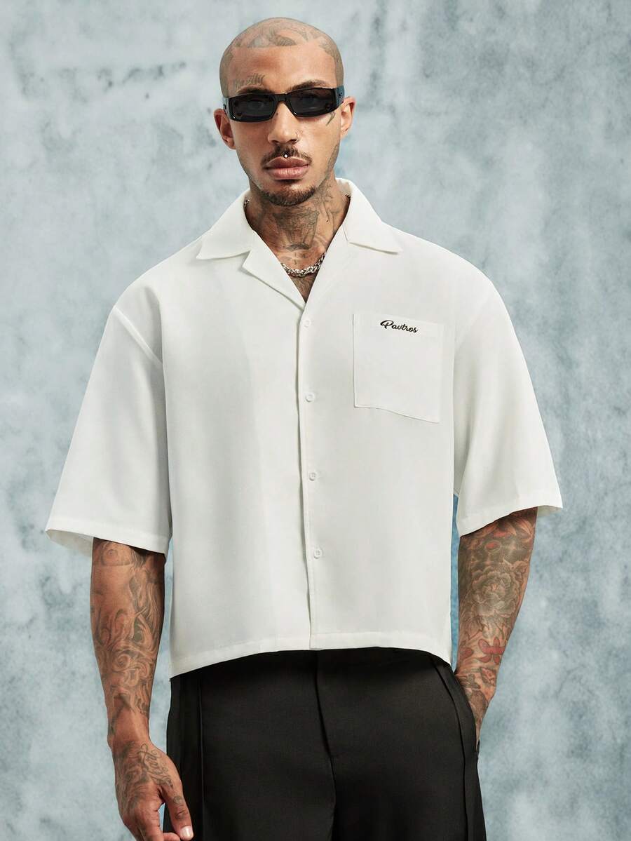 INCRYTM Men's Letter Print Single-Breasted Casual Short Sleeve Shirt Mens Cropped Shirt Boxy Shirt Men Work Shirt Customise Shirt - White - View 1