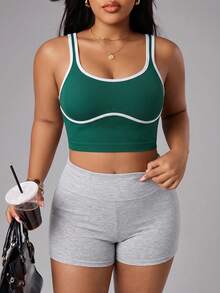Solea Cove Tank Top Olahraga Ukuran Besar Warna Polos Model U-Neck dengan Tali Bahu Tetap, Bra Olahraga Kasual Bergaris Halus, Tanpa Kawat untuk Lari, Yoga, Kebugaran, dan Latihan - Dark Green - View 4