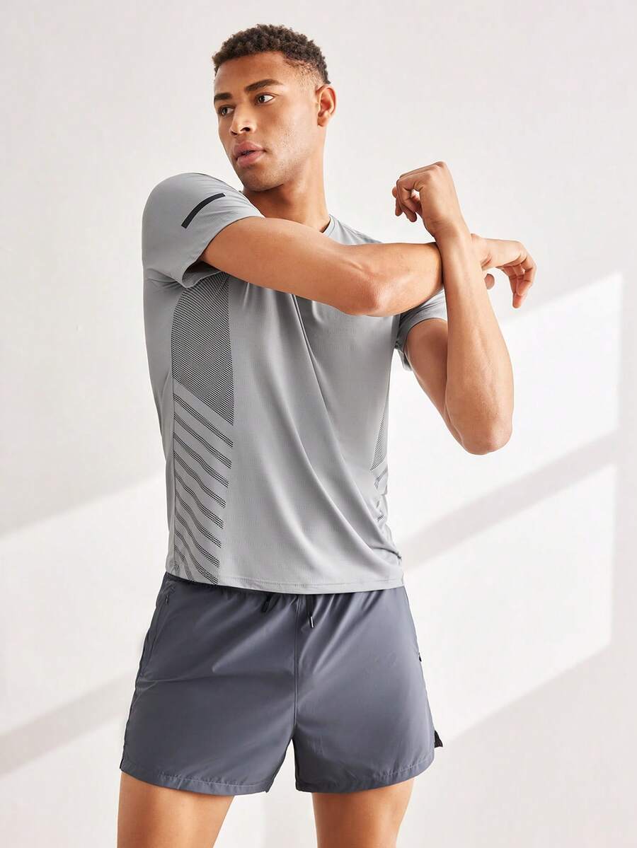 Driftmere Boyfriend Style Men's Ice-Cooling Elastic Short Sleeve & Quick-Dry Sports Shorts Set, Summer Boyfriend Style Men Two Pieces Outfits Gym Workout Running - Grey - View 1