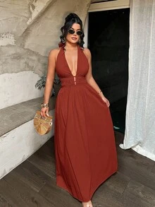SHEIN SXY 女款性感露背掛脖長洋裝，夏季 - 酒紅色 - 查看 4