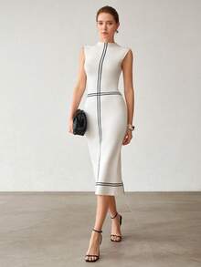 MOTF PREMIUM WOMEN'S ELEGANT CONTRAST TRIM SLIT SWEATER DRESS - White - View 2