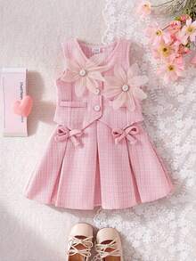 SHEIN Playful Pals 女嬰復古3D花朵仿珍珠鈕扣西裝背心與百褶迷你裙休閒套裝 - 粉色 - 查看 5
