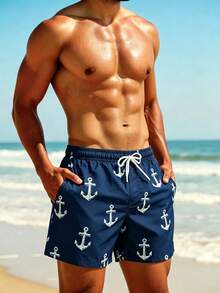 Solantero Pantalones cortos de playa con estampado minimalista para hombres de talla grande, vacaciones - Azul Marino - Ver 7