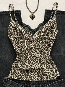 SHEIN Sexy Summer Vacation Lace-Trimmed Leopard Print Camisole Top - Coffee Brown - View 2