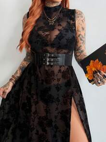 Whyspr Dark High Slit Sheer Long Black Asymmetrical Pattern Dress - Black - View 5