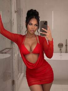 SHEIN DivaQ Summer Sexy Mesh Cowl Neck Cover-Up Bikini 3 Pieces Set Club Night Red - Red - View 1