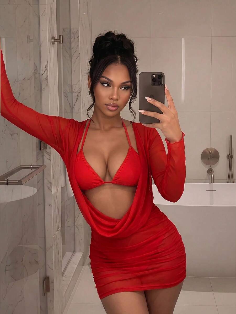 SHEIN DivaQ Summer Sexy Mesh Cowl Neck Cover-Up Bikini 3 Pieces Set Club Night Red - Red - View 1