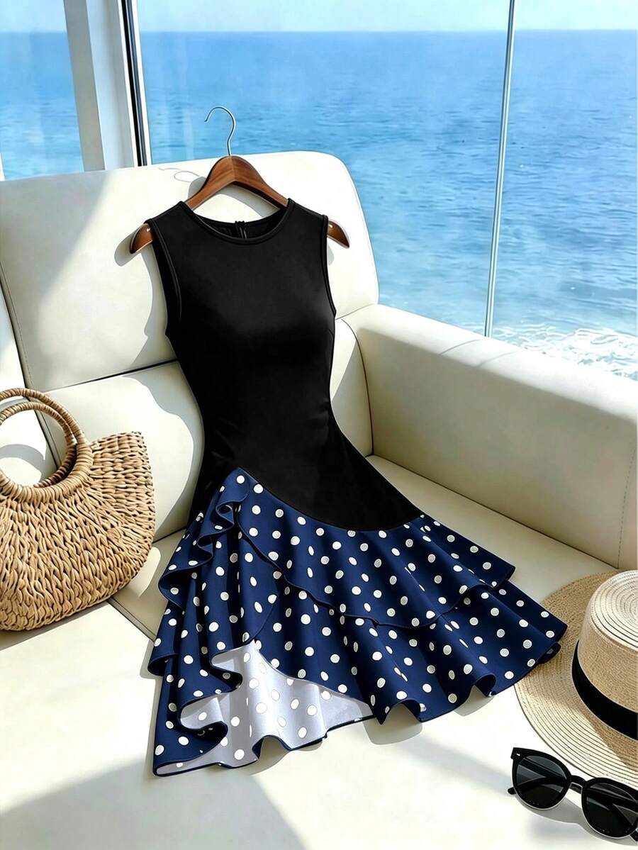 SHEIN Franclia 女款圓領拼接波點不對稱下擺無袖洋裝