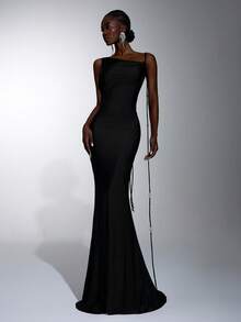 Elitara Elegant Classic Stretch Asymmetrical Neckline Backless Deep V-Neck Ruched Bodycon Pearl Trim Floor-Length Evening Gown For Wedding Party - Khaki - View 5