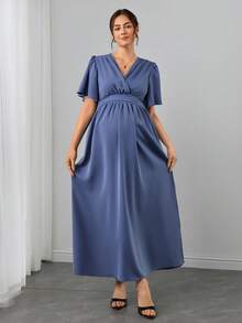 Momance Elegant Maternity Maternity Solid Color Side Slit Maternity Dress For Summer Photoshoot Dusty Blue Photoshoot - Blue - View 4