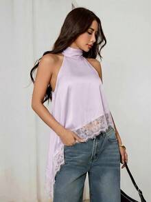 SHEIN PETITE 不對稱高領掛脖上衣，蕾絲飾邊，晚宴派對款 - 淡紫色 - 查看 4