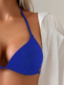 SHEIN Swim 女款基礎極簡純色三角杯聚攏式掛脖綁帶比基尼上衣與側邊交叉繫帶比基尼褲，適合海灘度假、游泳、泳池，全齡比基尼套裝 - 藍色 - 查看 3