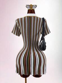 Amplova Colorblock Multicolor Stripes Polo Collar Cinched Waist A-Line Knit Mini Dress Brunch Autumn Elegant Classy - Multicolor - View 7