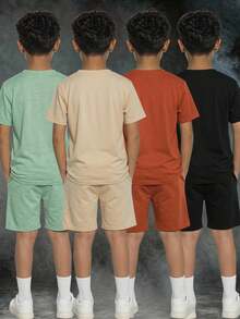 SHEIN 8件組兒童青少年男孩舒適休閒日常百搭壓紋字母短袖T恤與短褲套裝，適合春夏，適用日常穿著、運動、外出、學校、派對、假期、表演、攝影、返校季 - 彩色 - 查看 3