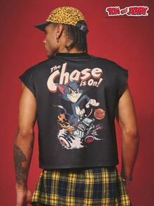 TOM & JERRY X SHEIN PAVTROS Tank Top Pria Kasual Musim Panas dengan Motif Kartun - Hitam - View 4