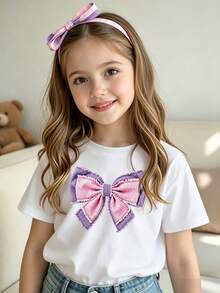 Elladie kids 春、夏、秋季：時尚創意清新簡約粉紫色蝴蝶結印花女童基本款短袖T恤 - 舒適日常穿著 - 白色 - 查看 4