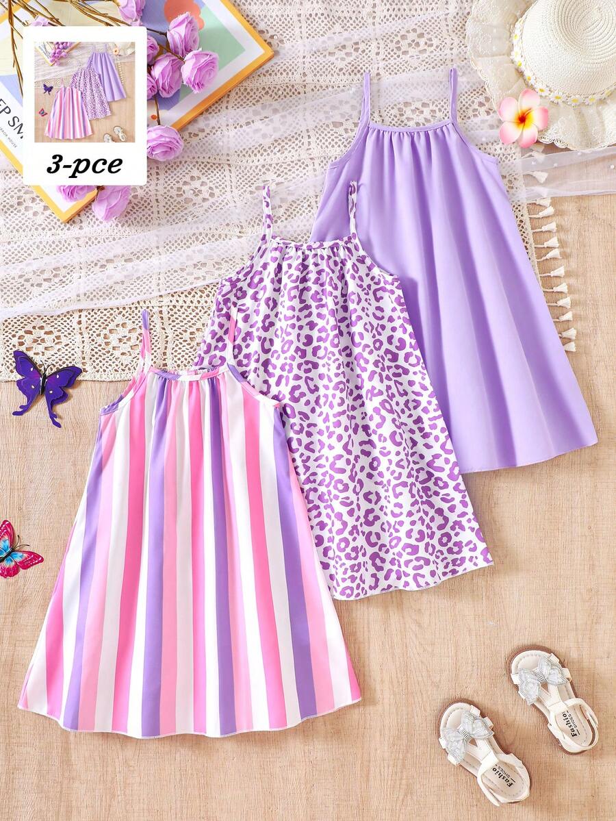 女童春夏新款熱銷多巴胺彩色3件套洋裝,淺紫色豹紋洋裝、淺紫色純色洋裝與彩色條紋印花洋裝,無袖細肩帶A字洋裝,可愛俏皮休閒舒適甜美優雅套裝,適合日常穿著、上學、外出、度假、派對、海邊旅行與假期 - 紫色 - 查看 1