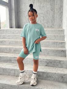 SHEIN Tween Girl Sporty Street Style Spring/Summer Knit Crew Neck Short Sleeve Top Knit Shorts Set City Break Holiday Sage Green Casual Modest - Green - View 4