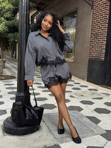 Alexandranx Urban Casual Lace Asymmetric Hem Patchwork Striped Short Shirt And Shorts Set, Black Lace Decor Women 2 Pieces Shorts Set Shirt Set, Holiday Outfits, Casual , Beach Outfits For Women, Elegant Dress Women , Beach Shorts, Spring Break Outfits , Two-Piece Commuter Set,Grey Striped Set 2 Piece Sets Woman Classy - Grey - View 3
