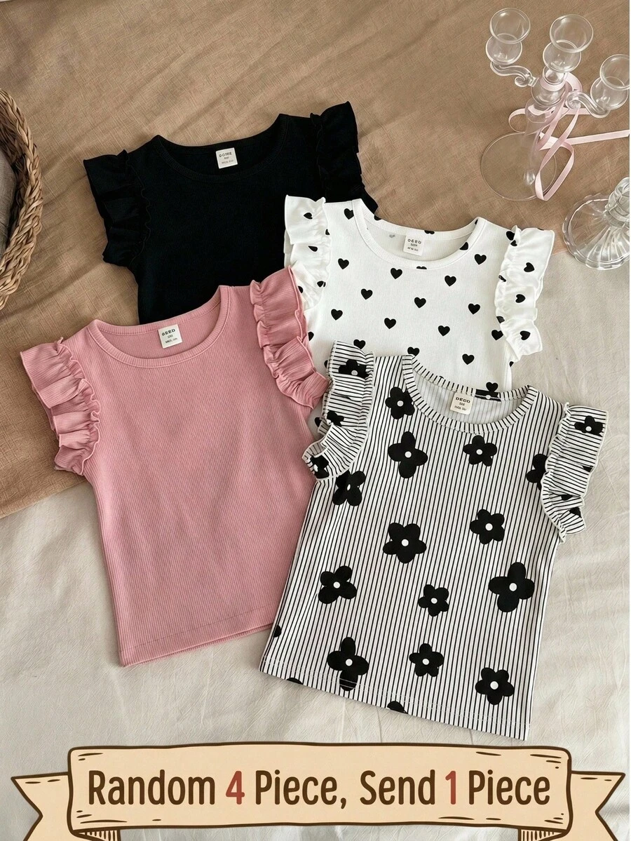 SHEIN Camiseta de manga corta con estampado floral a rayas negras y blancas para niñas & tela con rayas verticales texturizadas & diseño de manga campana & top infantil estilo coreano dulce & uso diario de verano amigable con la piel & diseño de nicho ropa infantil suave y linda - Blanco y Negro - Ver 1