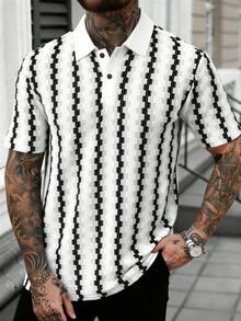 Manfinity Homme Men's Plus Size Old Money Style Textured Loose Polo Shirt, Contrast Collar Short Sleeve Top, Commuter Polo For Young Professionals - White - View 5