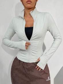 SHEIN EZwear 杏色針織修身女款長袖防曬外套 秋冬綠色薄外套 - 綠色 - 查看 4