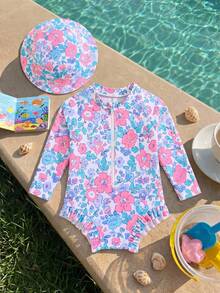 SHEIN Newborn Baby Girl Cute Floral Pattern Ruffle Long Sleeve One-Piece Swimsuit (Hat Not Included) - Pink - View 2