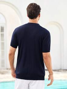 Mercer Haus Men's Ribbed Airplane Collar Polo Knit Shirt, Short Sleeve, Summer Fashion - Navy Blue - View 3