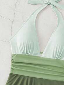 SHEIN Swim 女款拼色掛脖連身式泳衣，適合海灘度假 - 綠色 - 查看 4