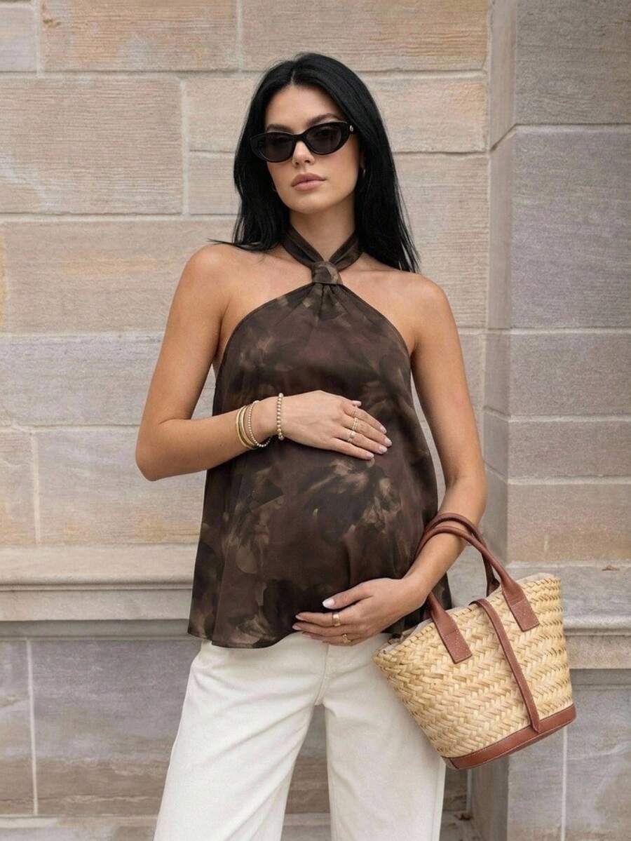 MaterniWear 孕婦工作拍照回家系列，孕婦上衣，商務休閒優雅花卉印花掛脖上衣，適合夏季