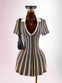 Amplova Colorblock Multicolor Stripes Polo Collar Cinched Waist A-Line Knit Mini Dress Brunch Autumn Elegant Classy - Multicolor - View 1