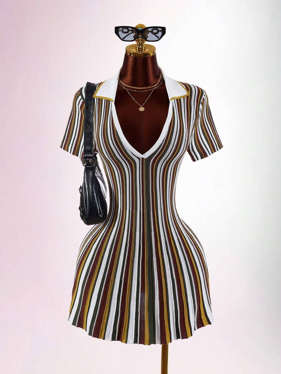 Amplova Colorblock Multicolor Stripes Polo Collar Cinched Waist A-Line Knit Mini Dress Brunch Autumn Elegant Classy - Multicolor - View 1