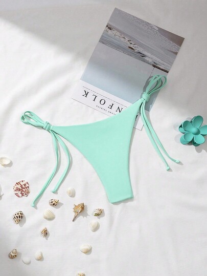 SHEIN Swim 女士简约纯色侧系带比基尼泳裤，海滩度假