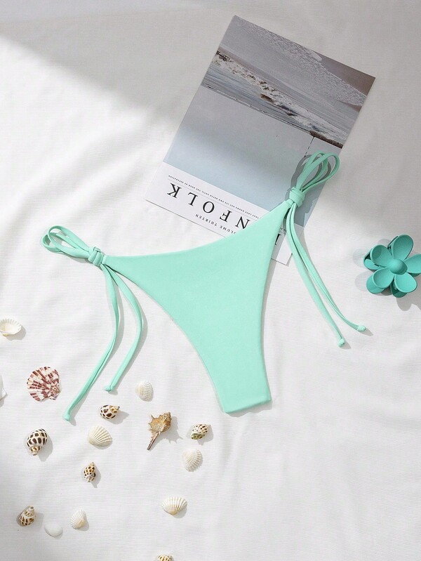 SHEIN Swim Quần Bikini Buộc Dây Một Bên Màu Trơn Tối Giản Cho Nữ, Kỳ Nghỉ Ở Bãi Biển
