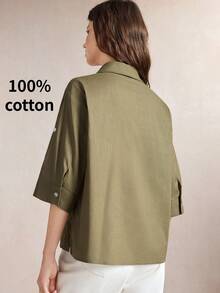 BizChic Short Sleeve Adjustable Shirt, Business Formal, Vacation Style, Slouchy, Commute, Daily, Office, Travel, Summer, Autumn, Halloween, Olive Green - Army Green - View 4