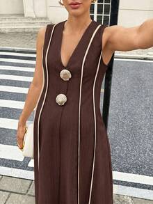 MaterniWear 孕婦V領撞色金屬貝殼裝飾休閒日常穿著洋裝 - 棕色 - 查看 9