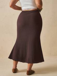 Levarali Plus Size Women's French Retro Elegant 1950s Vintage 80s 1920s Casual Brown Textured High Waist Mermaid Skirt Flared Midi Autumn Party Vacation Office - Coffee Brown - View 2