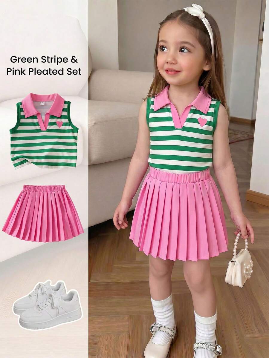 Elladie kids 女童2件組學院風愛心印花翻領無袖背心上衣與織帶飾邊百褶裙，適合夏季返校季節